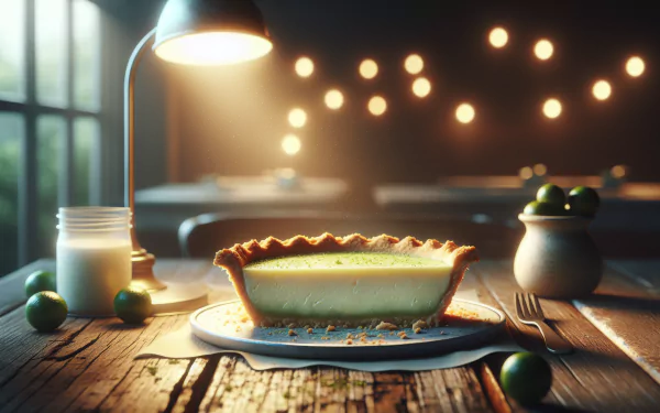 A beautifully lit key lime pie sits on a rustic table, surrounded by fresh limes and a jar, creating a warm and inviting atmosphere in this HD desktop wallpaper.