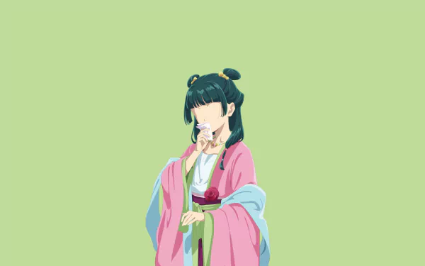 Anime-style 4K Ultra HD wallpaper featuring Maomao from The Apothecary Diaries, dressed in traditional attire against a soft green background.