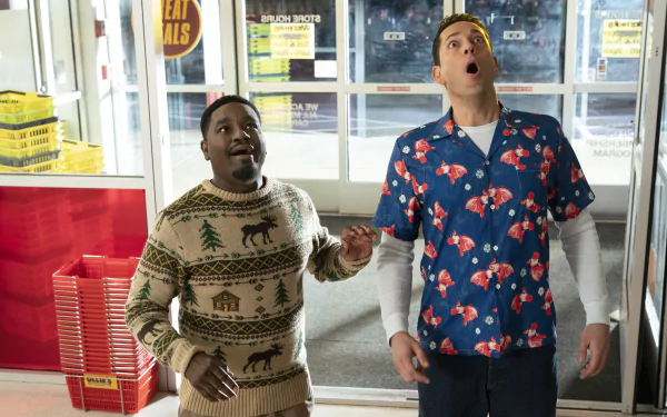 HD wallpaper featuring a scene from *Harold and the Purple Crayon*, showcasing two characters with surprised expressions inside a vibrant store setting.