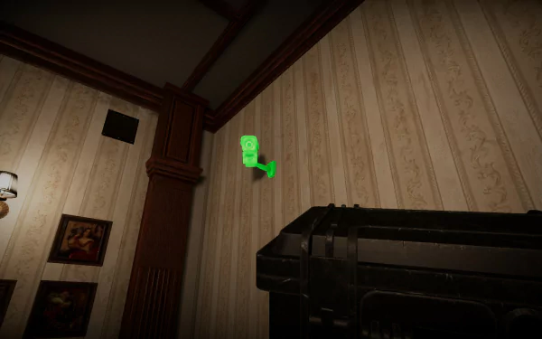 A vibrant HD desktop wallpaper from the video game DEATHWATCHERS, featuring a green floating object against a detailed wall and a dark weapon, creating an atmospheric scene.