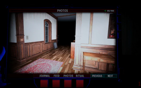 An HD wallpaper from the video game DEATHWATCHERS, showcasing a dimly lit hallway with wooden panels and a patterned rug, enhancing its eerie atmosphere.