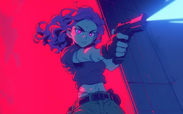 An anime girl in a dynamic pose wields a gun, set against a vibrant, neon background. This HD wallpaper showcases striking colors and action.
