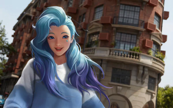 HD desktop wallpaper of Seraphine from League of Legends, featuring her K/DA skin, vibrant colors, and dynamic design, reflects the energetic style of the popular video game.