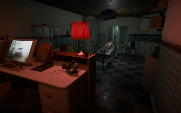 HD desktop wallpaper from the video game The Mortuary Assistant, featuring a dark and atmospheric background designed to enhance the gaming experience.