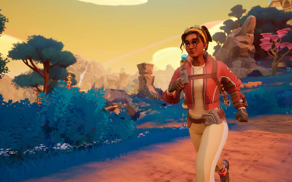 A vibrant HD wallpaper from the video game Creatures of Ava, featuring a character running through a colorful landscape with lush foliage and dramatic rock formations.