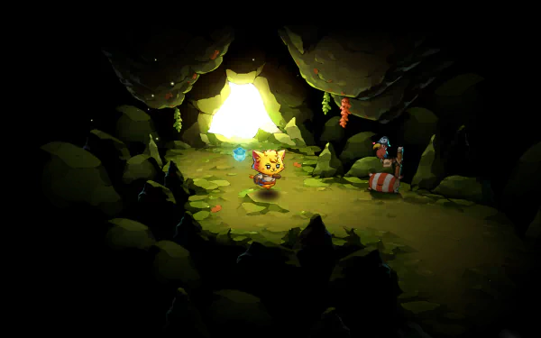 A vibrant HD wallpaper from Cat Quest III, featuring a cat hero exploring a mysterious cave illuminated by a bright light, surrounded by lush greenery and treasures waiting to be discovered.