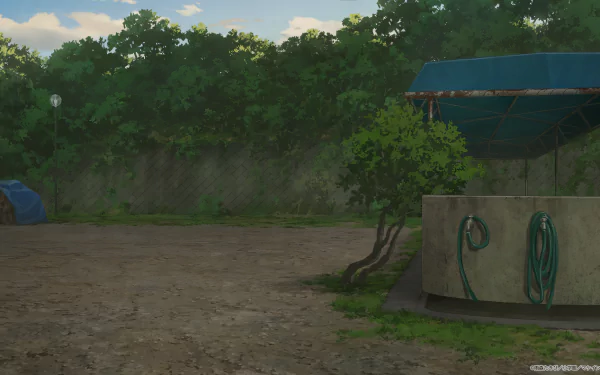 A serene outdoor scene from the anime Too Many Losing Heroines! features a rustic area with dirt, greenery, and a shaded structure, creating a peaceful HD desktop wallpaper.
