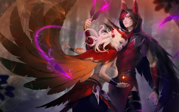 HD desktop wallpaper featuring Xayah and Rakan from League of Legends, showcasing their vibrant designs and dynamic poses in an engaging video game atmosphere.