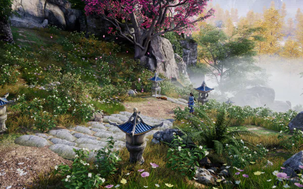 A vibrant landscape from the video game Sword and Fairy 7, featuring lush greenery, cherry blossoms, and misty hills, captured in stunning 4K Ultra HD quality.