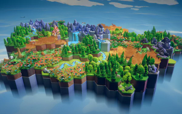 A vibrant HD desktop wallpaper showcasing a beautifully designed video game landscape with lush forests, waterfalls, and colorful terrains. Experience the essence of nature's preservation in gaming.