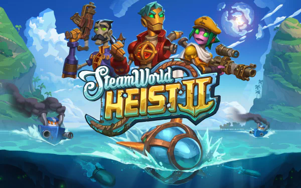 A vibrant HD wallpaper featuring characters from SteamWorld Heist II, set against a scenic backdrop of islands and ships, showcasing the game's adventurous spirit and unique art style.