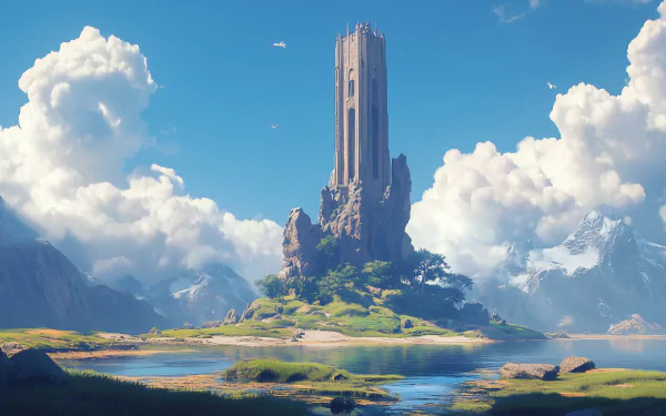 A stunning fantasy scene featuring a towering wizard's tower atop a rocky islet, surrounded by lush greenery and serene waters, set against a backdrop of fluffy clouds and distant mountains.