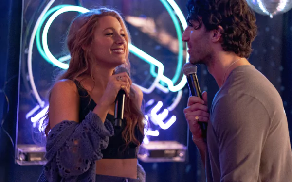 HD desktop wallpaper featuring Justin Baldoni and Blake Lively from the movie It Ends with Us. A striking visual background for fans of the film.