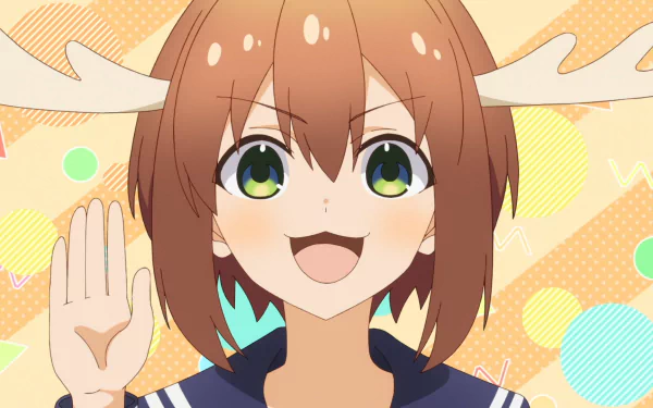 Anime-style HD desktop wallpaper of Noko Shikanoko from My Deer Friend Nokotan, featuring a cheerful character with deer antlers and bright green eyes.