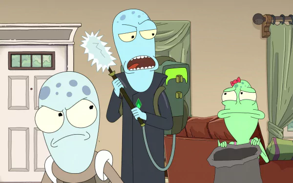 HD desktop wallpaper featuring characters from the TV show Solar Opposites, showcasing animated aliens in a humorous domestic setting.