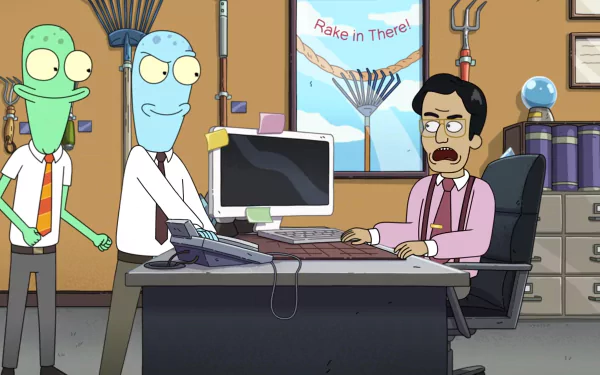 Two animated aliens with blue skin and dressed in shirts interact playfully with a worried man in a suit at a desk, set in an office from the TV show Solar Opposites.