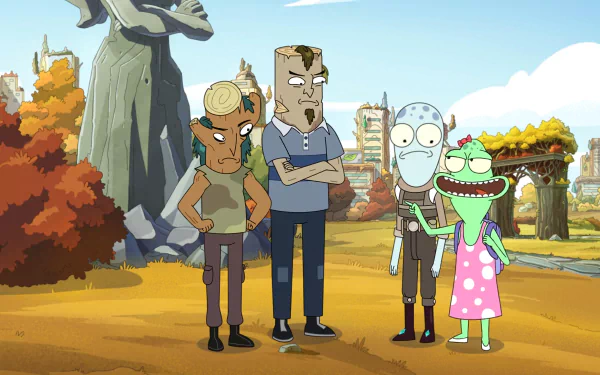 Digital artwork from the TV show *Solar Opposites*, featuring four animated characters in a whimsical outdoor setting, highlighting their quirky expressions and vibrant colors.