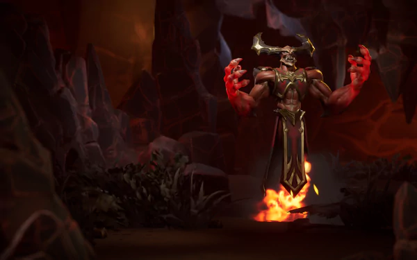 A dramatic scene from the video game Stormgate, featuring a powerful character with fiery red hands, set in a dark, cavernous environment. This HD wallpaper captures intense energy and atmosphere.