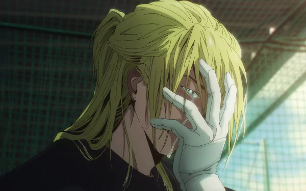 An HD desktop wallpaper featuring an anime character from Oblivion Battery, showing a dramatic expression with hand partially covering their face against a textured background.