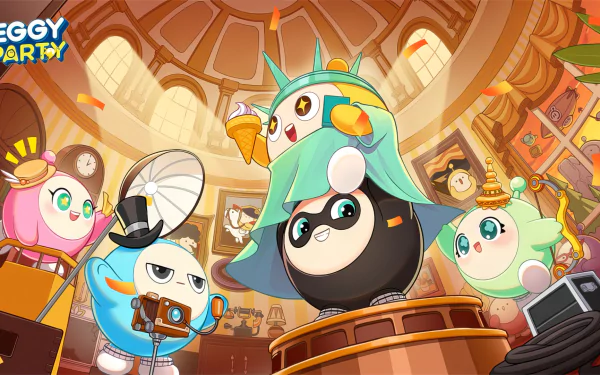 A colorful HD wallpaper from the video game Eggy Party, featuring adorable characters posing in a whimsical setting filled with clocks and playful elements.