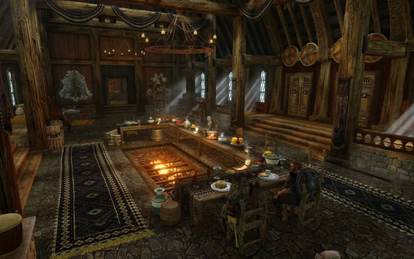 A HD desktop wallpaper featuring a cozy tavern scene from The Elder Scrolls V: Skyrim, capturing the immersive atmosphere of this iconic video game setting.