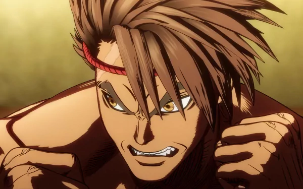 A powerful character from Kengan Ashura, captured in a dynamic pose, showcasing intense expression and detailed anime art in this HD desktop wallpaper.