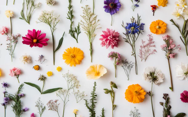 A vibrant collection of pressed flowers in various colors arranged artistically on a white background, creating an elegant HD desktop wallpaper or background.
