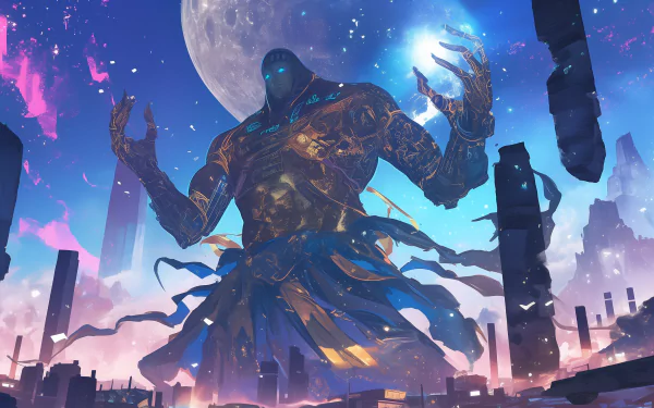 A majestic pharaoh-like god towers over a vibrant, futuristic landscape, radiating power and mystery against a cosmic backdrop, featuring a large moon and ethereal structures.