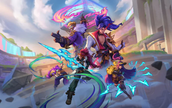High-definition wallpaper featuring characters from League of Legends: Nilah, Yasuo, Draven, and Xin Zhao, showcasing their dynamic and vibrant designs.
