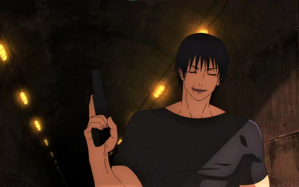 A striking HD desktop wallpaper featuring Toji Fushiguro from Jujutsu Kaisen, with a dimly lit tunnel backdrop and a confident pose, creating an intense anime aesthetic.