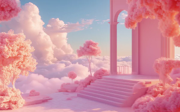 A serene pink landscape featuring soft, fluffy clouds and vibrant pink trees, complemented by a dreamy architectural structure, creating a captivating soft aesthetic wallpaper.