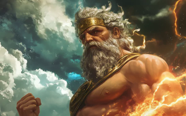 An HD desktop wallpaper featuring Zeus, the Greek god, depicted with a powerful stance, surrounded by dramatic clouds and striking lightning, embodying strength and majesty.