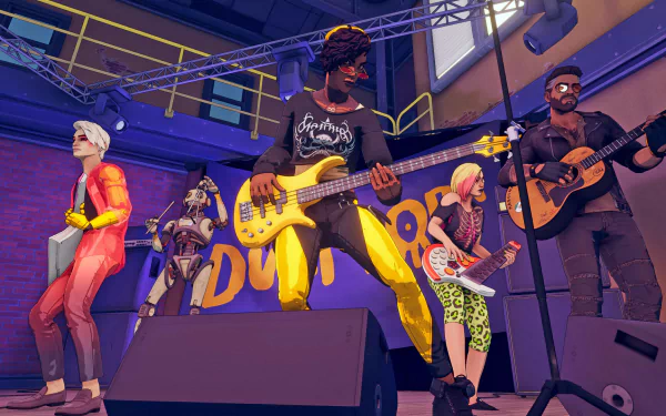 A vibrant HD desktop wallpaper featuring a band performing in the video game Dustborn, showcasing musicians with guitars on stage in an energetic environment.