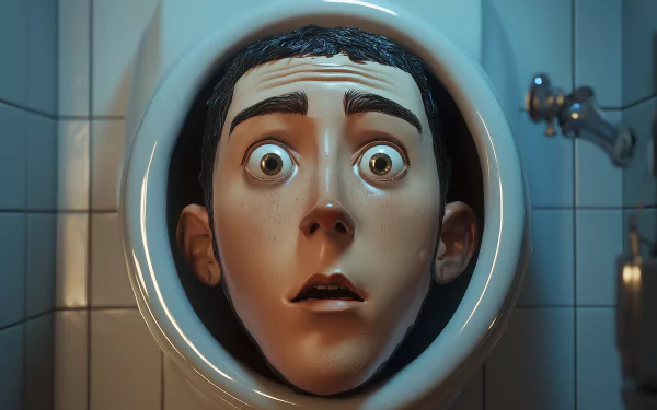 A surreal HD PC desktop wallpaper featuring a character's face emerging from a toilet, inspired by the skibidi toilet concept. The striking imagery captivates with its unique design.