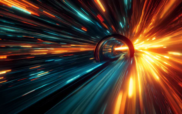 A dynamic HD desktop wallpaper featuring a vibrant warp drive scene, showcasing luminous streaks of blue and orange light converging in a swirling tunnel, evoking a sense of speed and adventure.