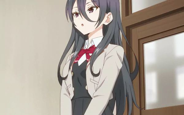 HD anime PC wallpaper: Ayano Kimishima from Alya Sometimes Hides Her Feelings in Russian, standing in a school hallway in a dark uniform with a red ribbon.