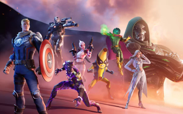 4K Ultra HD Fortnite Battle Royale PC wallpaper featuring popular characters like Captain America, Groot, and iconic Fortnite skins in a dynamic, action-packed scene.