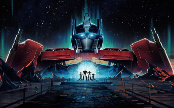 Transformers One 4K Ultra HD PC desktop wallpaper featuring a glowing Optimus Prime head above silhouetted figures set against a futuristic, starry night background.