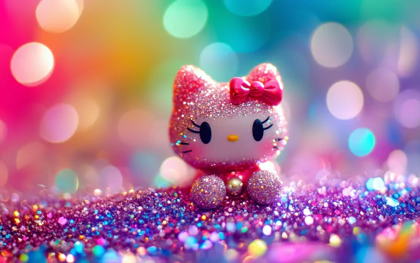 A vibrant HD wallpaper featuring a glittery Hello Kitty surrounded by a colorful bokeh background, adding a whimsical touch to any desktop setup.