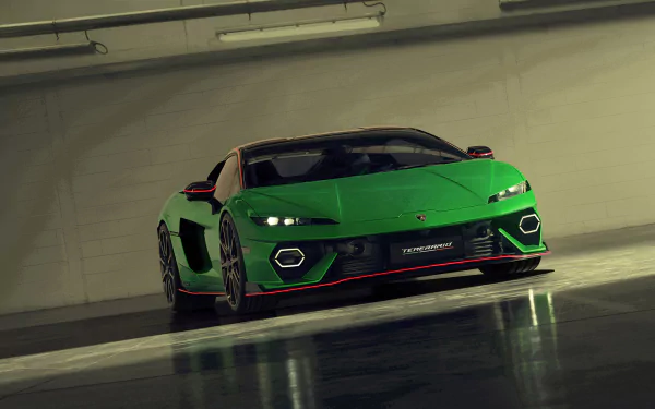 A striking Lamborghini Temerario in vibrant green, showcased in a sleek indoor setting. This high-definition image serves as an impressive desktop wallpaper and background.