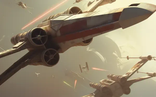 An HD desktop wallpaper featuring an X-Wing from Star Wars, engaged in a space battle with TIE fighters and vibrant laser beams amidst a distant planet backdrop.