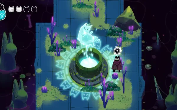 A vibrant HD desktop wallpaper from the video game Crypt Custodian, featuring a character near a glowing portal surrounded by purple plants and mystical elements.