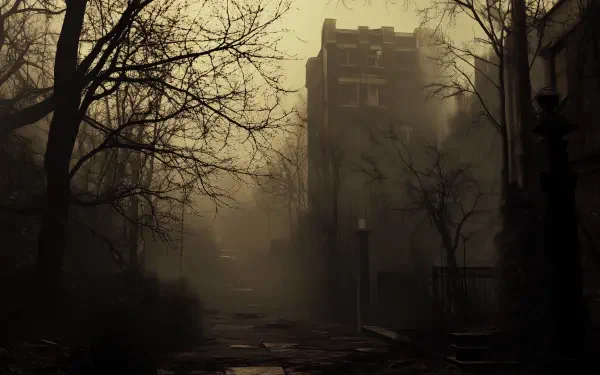 A haunting landscape from Silent Hill, enveloped in dense fog and shadowy silhouettes of abandoned buildings, evokes a sense of loneliness and unease in this HD wallpaper.