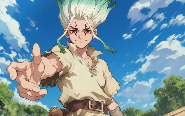 A vibrant HD desktop wallpaper featuring Senku Ishigami from the anime Dr. Stone, showcasing the character's unique style and adventurous spirit in a captivating background.