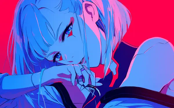 HD desktop wallpaper featuring Lucy from the anime Cyberpunk: Edgerunners, showcasing a vibrant cyberpunk aesthetic.