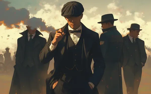 A dramatic scene from the TV show Peaky Blinders, featuring a man in a beret and a stylish suit, surrounded by enigmatic figures against a moody, atmospheric background.