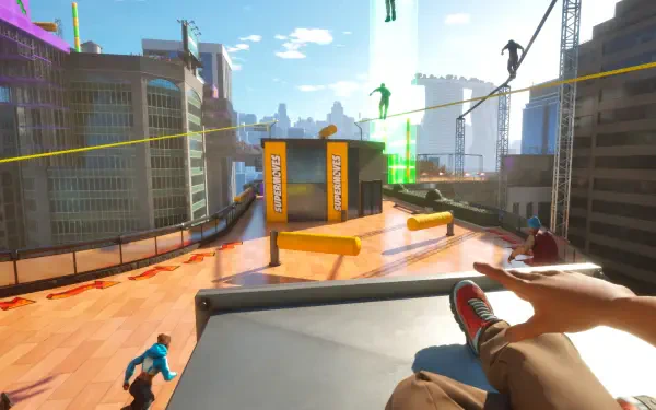 A vibrant HD wallpaper showcasing an action-packed scene from a video game, featuring characters performing supermoves atop a city skyline. Dynamic colors and urban energy set the mood.