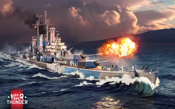 An HD desktop wallpaper featuring dynamic imagery related to the video game War Thunder, showcasing a powerful warship in action on the high seas.