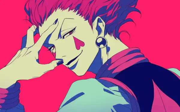 Vibrant HD desktop wallpaper featuring Hisoka from Hunter x Hunter, showcasing his iconic playful expression against a bold pink background.