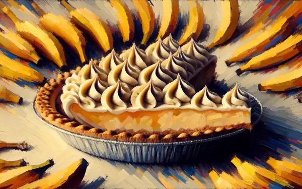 A colorful HD desktop wallpaper featuring a delicious banana cream pie with luscious swirls of cream, surrounded by vibrant bananas. A tempting visual treat for your background.